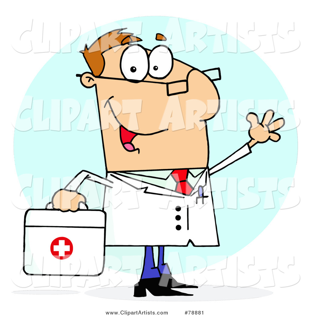 Caucasian Cartoon Doctor Man Carrying His First Aid Bag