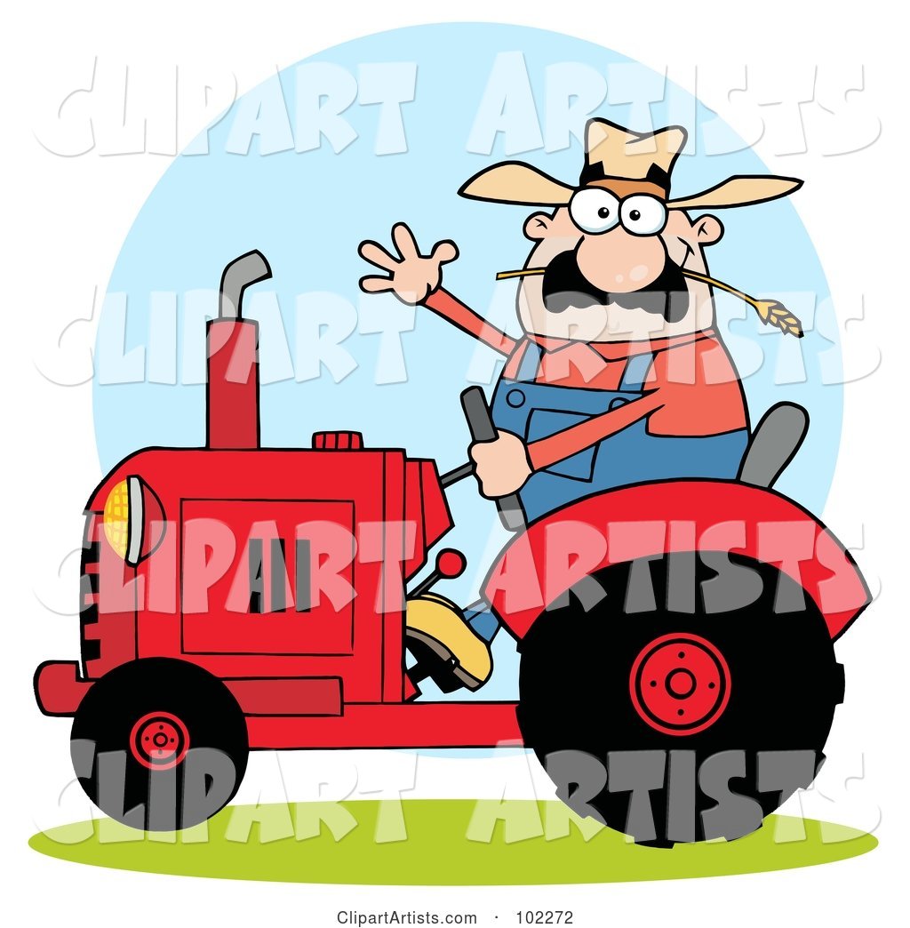Caucasian Farmer Waving and Driving a Red Tractor