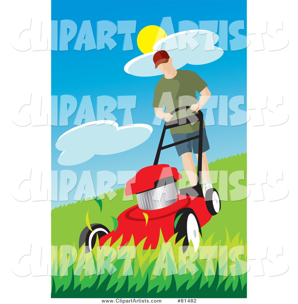 Caucasian Man Pushing a Red Lawn Mower over Tall Grass
