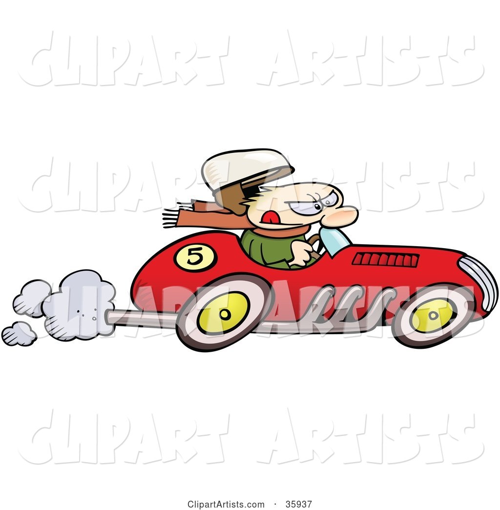 Caucasian Man's Hat Flying off As He Races a Vintage Red Race Car