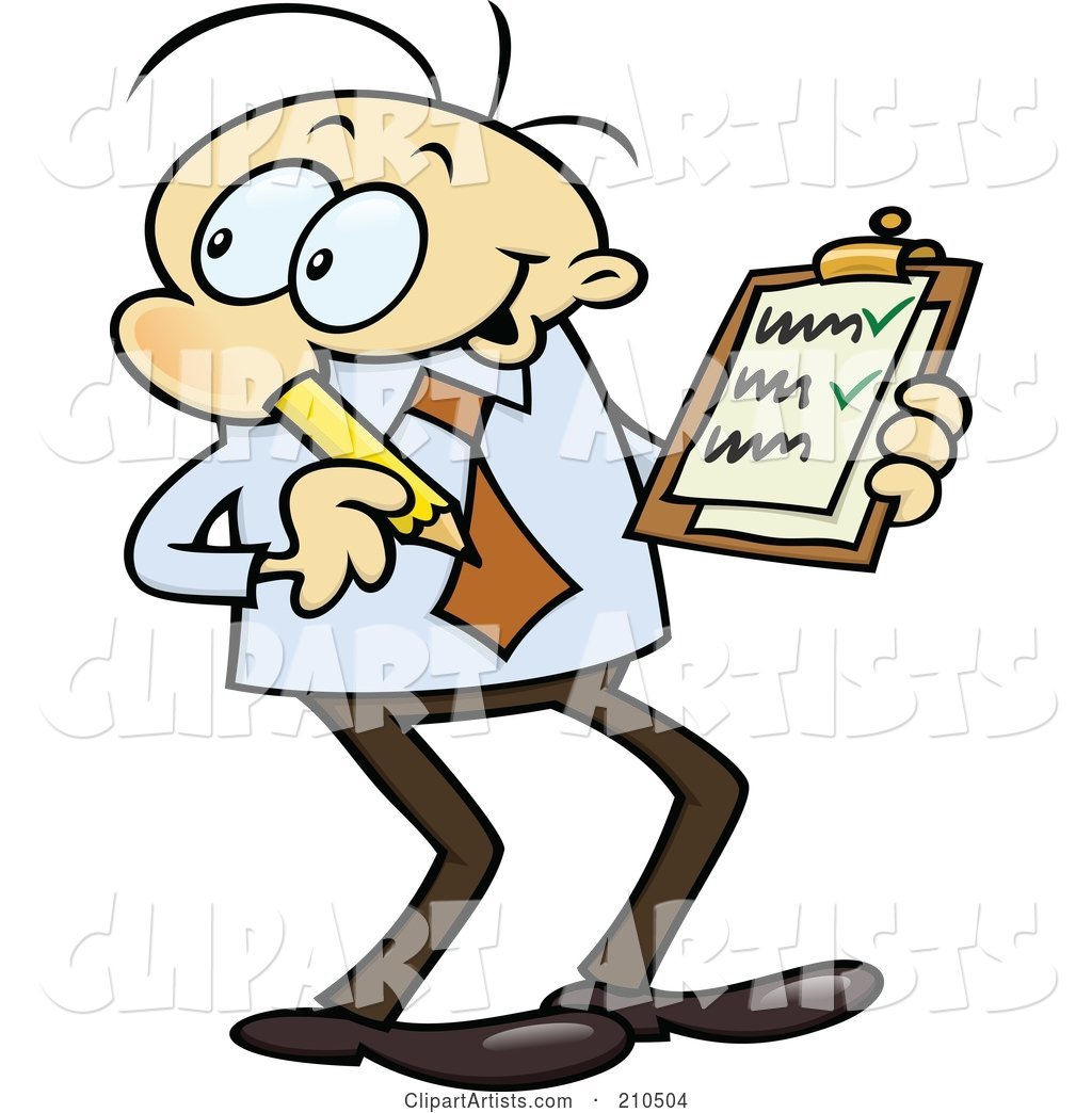 Caucasian Toon Guy Businessman Reviewing a Check List