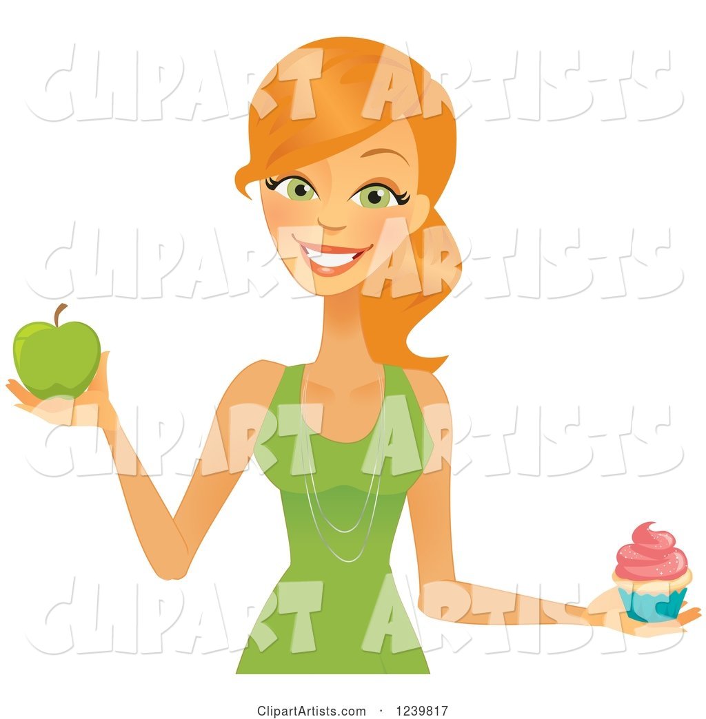 Caucasian Woman Holding a Cupcake and Green Apple