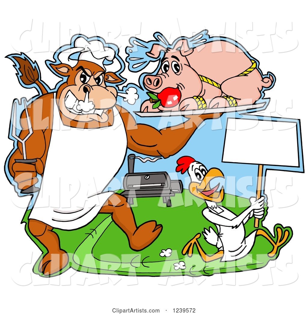 Chef Bull Holding a Stuffed Pig on a Platter over a Chicken with a Sign by a Bbq Grill