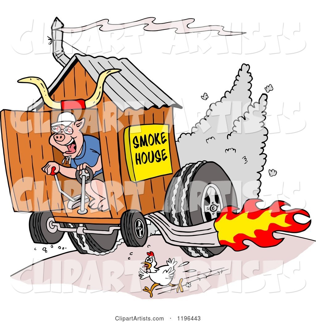 Chicken Running from a Pig on a Hot Rod Smoke House Shack