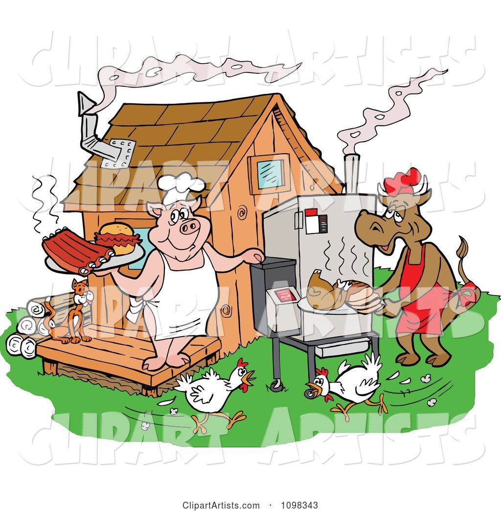 Chickens Running Around a Cow and Pig Using a Smoker and Cooking Meat at a Bbq Shack
