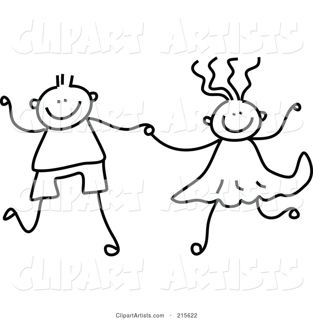 Childs Sketch of a Black and White Boy and Girl Holding Hands
