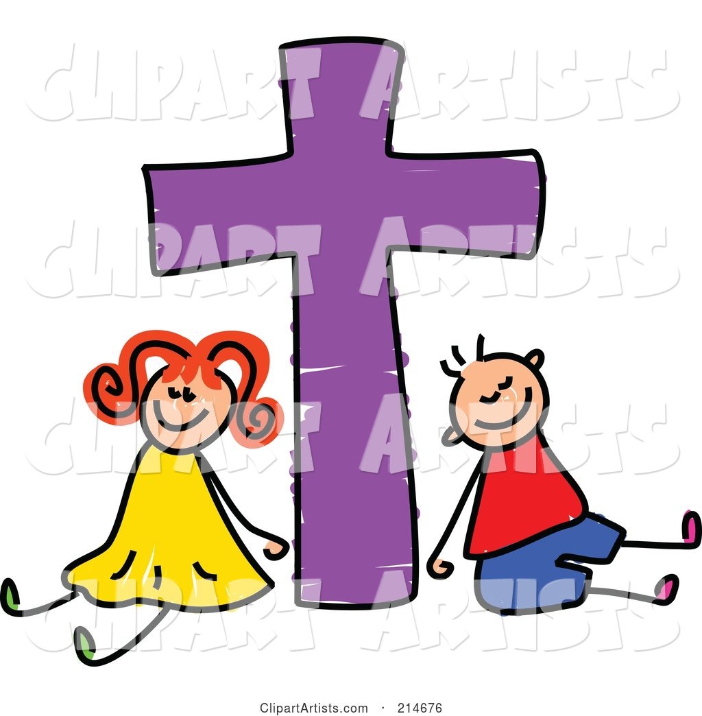 Childs Sketch of a Boy and Girl with a Purple Cross