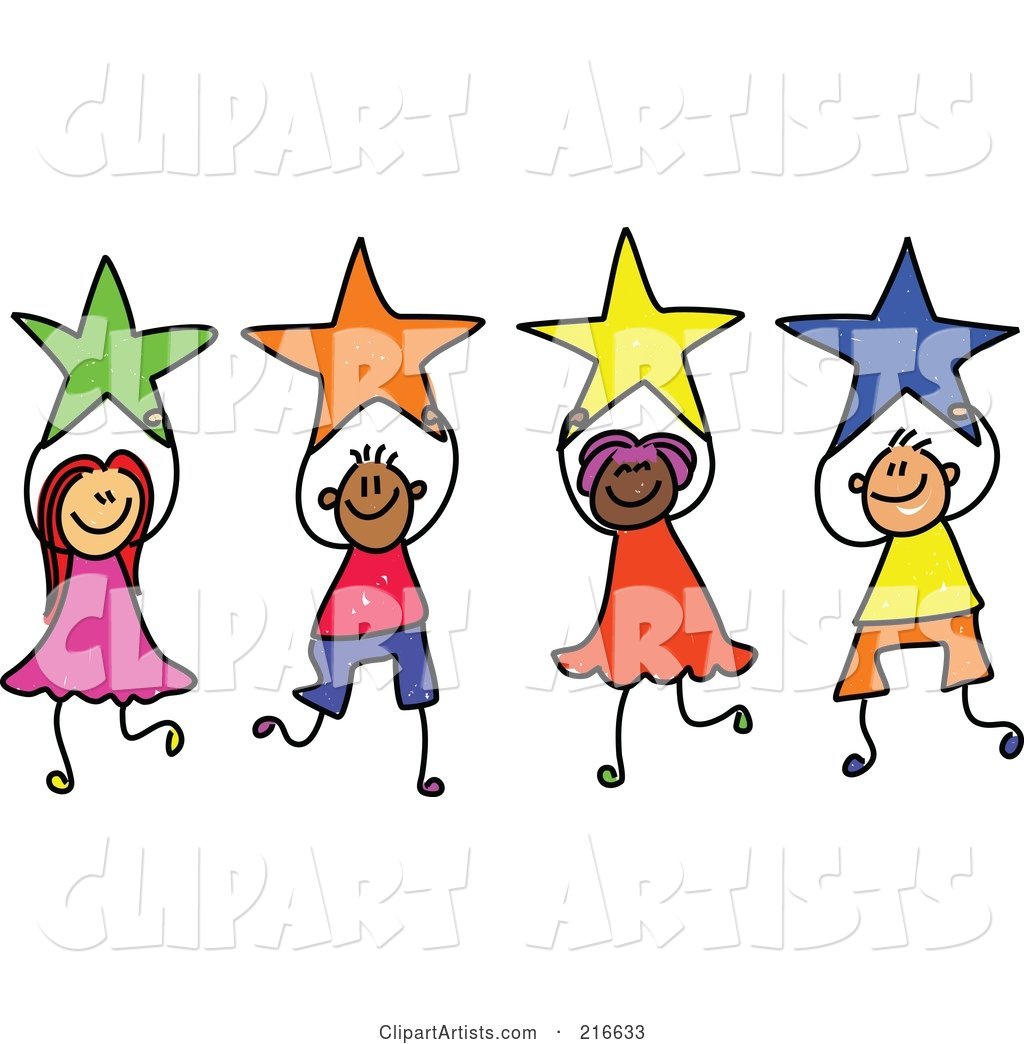 Childs Sketch of a Group of Kids Holding Stars - 1