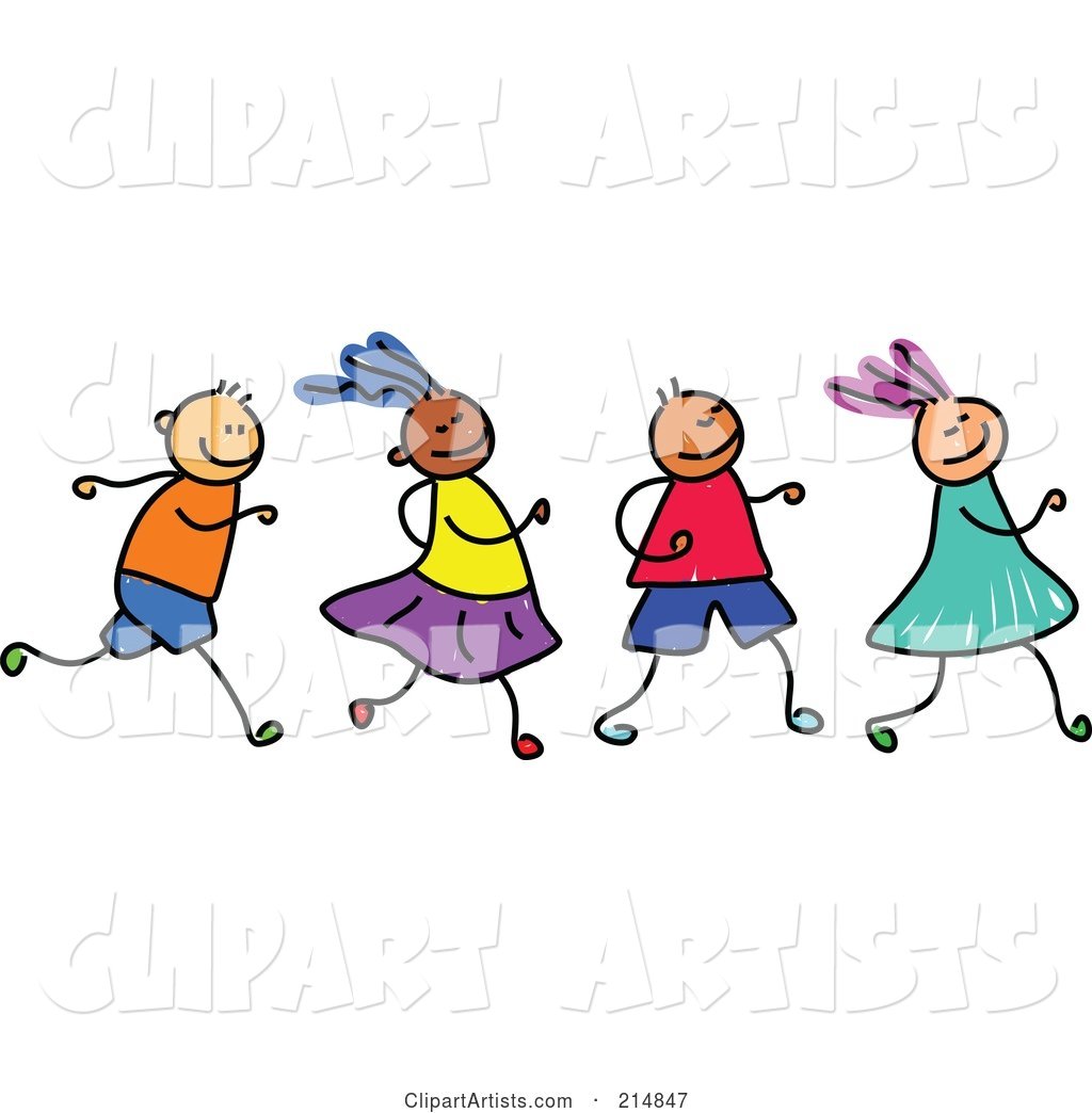 Childs Sketch of a Row of Four Running Kids
