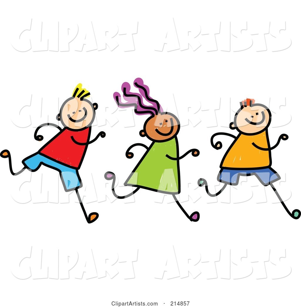 Childs Sketch of a Row of Three Running Kids