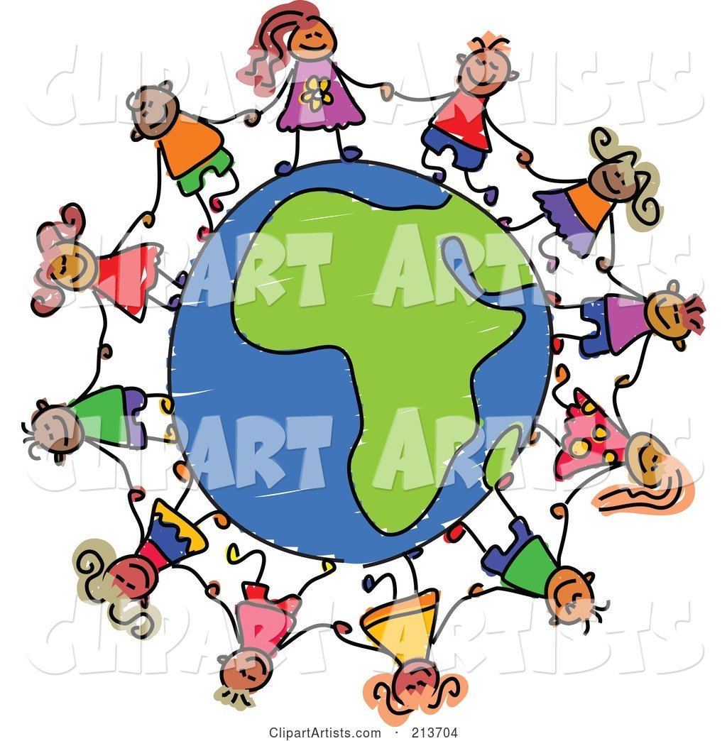 Childs Sketch of Children Holding Hands Around an African Globe