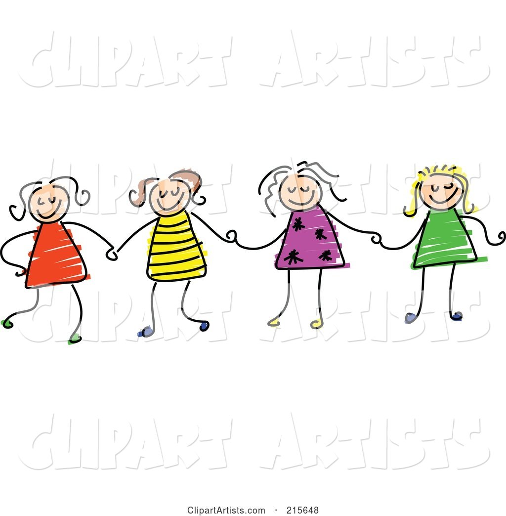 Childs Sketch of Four Girls Holding Hands