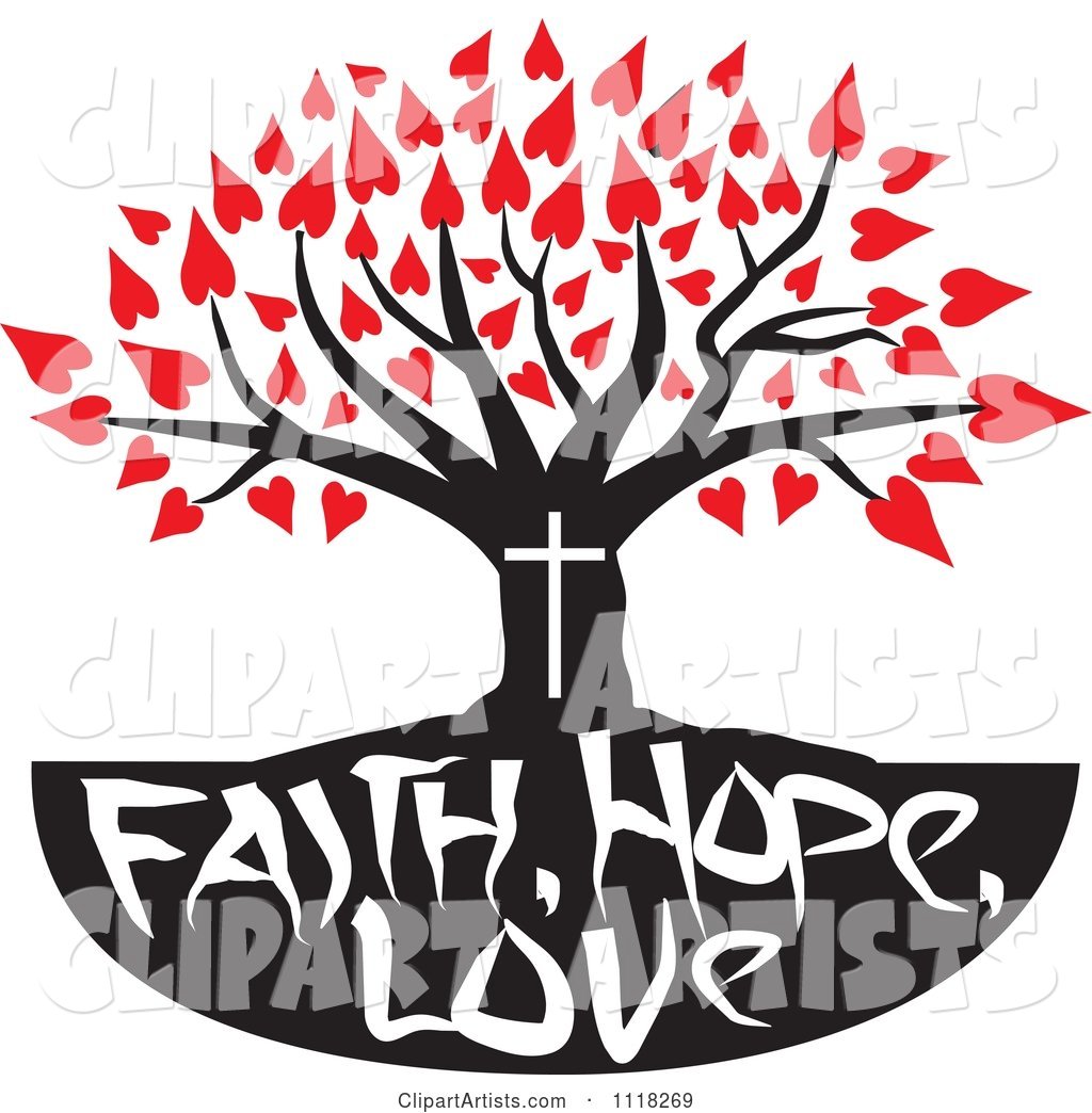 Christian Family Tree with Faith Hope Love Text and Red Heart Leaves