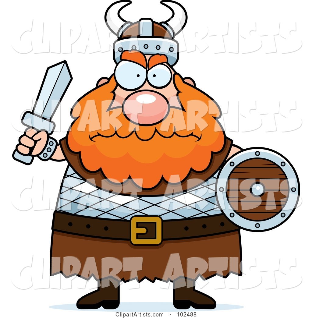 Chubby Mad Viking Man Holding a Sword and Shield