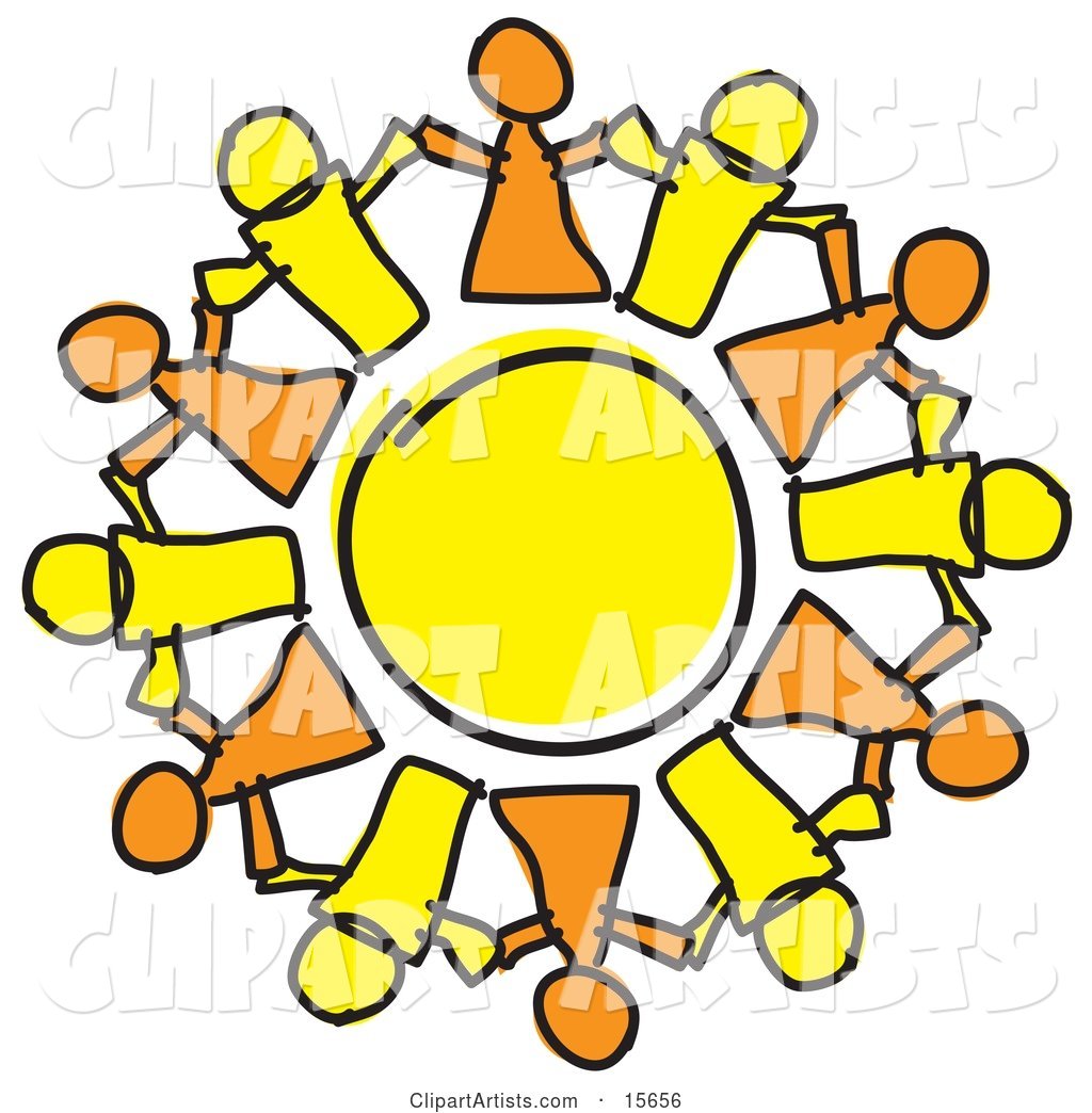 Circle of Orange and Yellow People Holding Hands, Symbolizing Teamwork and Support