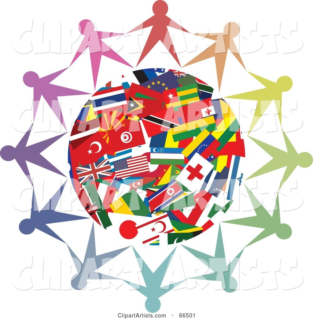Circle of People Holding Hands Around a World Flag Globe