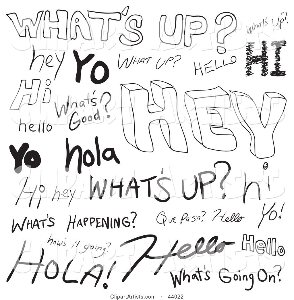Collage of Spanish and English Greeting Doodles on White