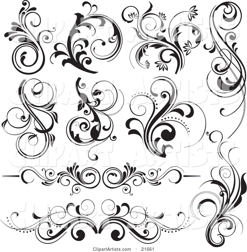 Collection of 10 Floral Vines and Flourishes in Black and White