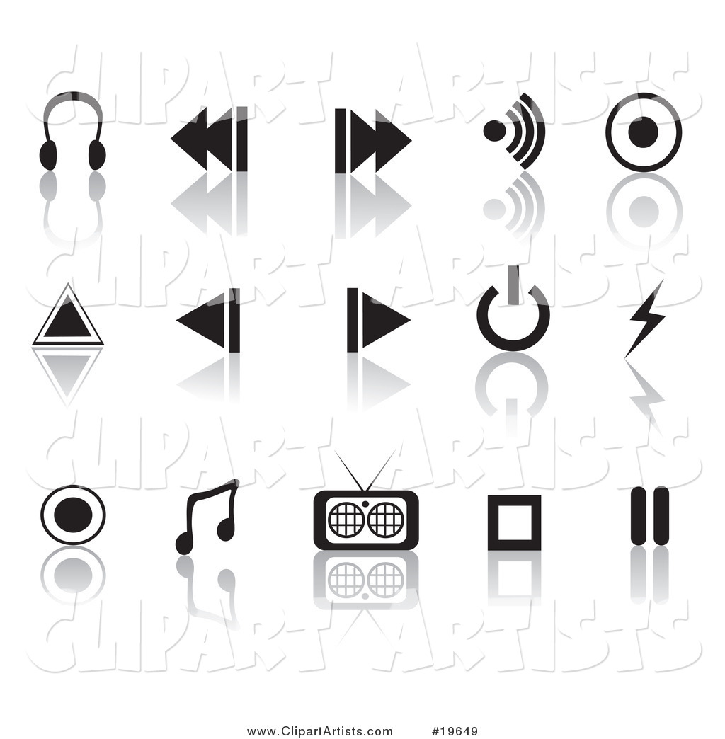 Collection of Black Media Icons on a Reflective White Background