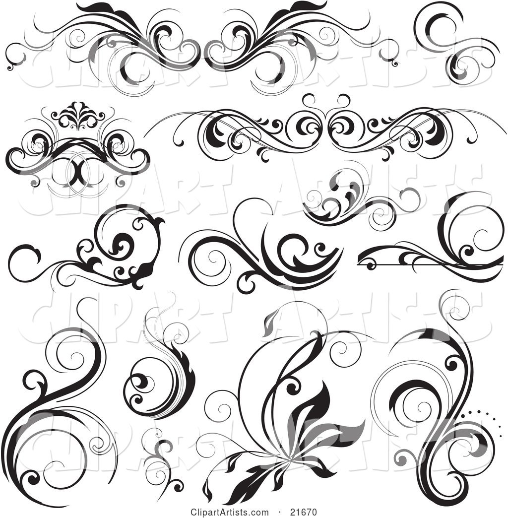 Collection of Elegant Flourishes with Scrolling Vines, in Black and White