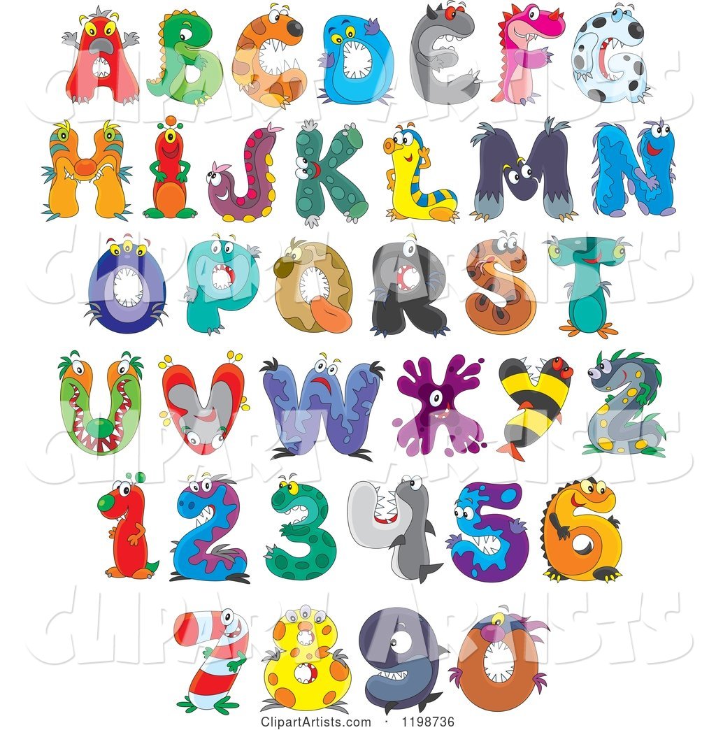 Colorful Monster and Animal Letters and Numbers