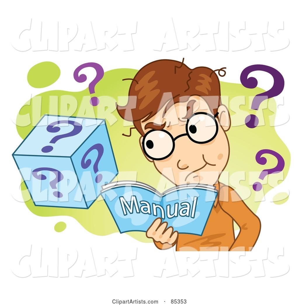 Confused Man Reading a Manual, over Green and White with Question Marks