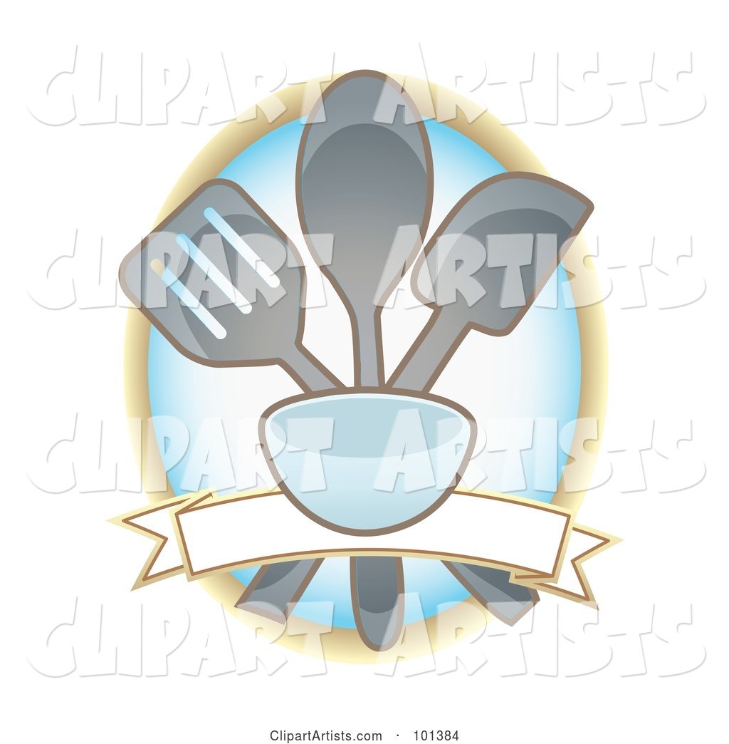 Cooking Utensils over a Blank Banner on a Blue Oval