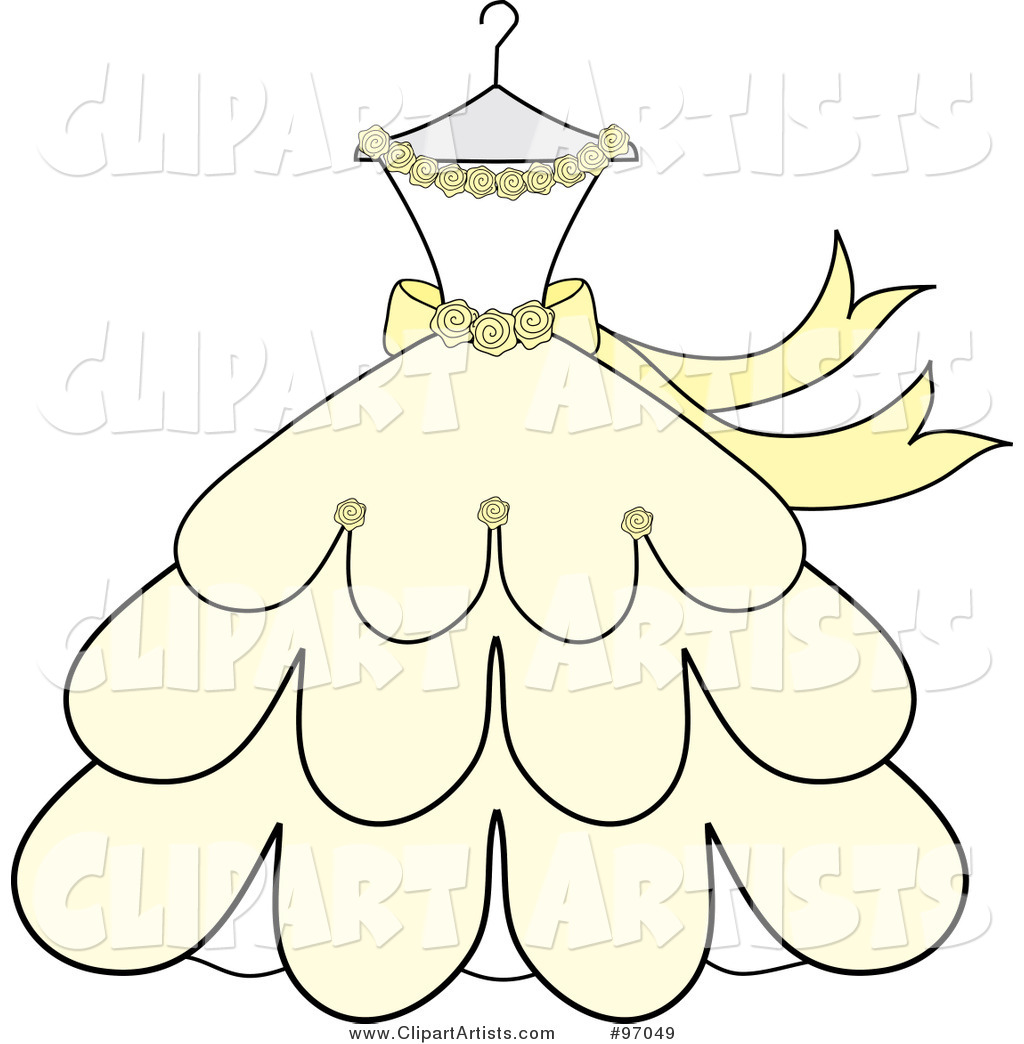 Cream and Yellow Wedding Dress with Roses on a Hanger