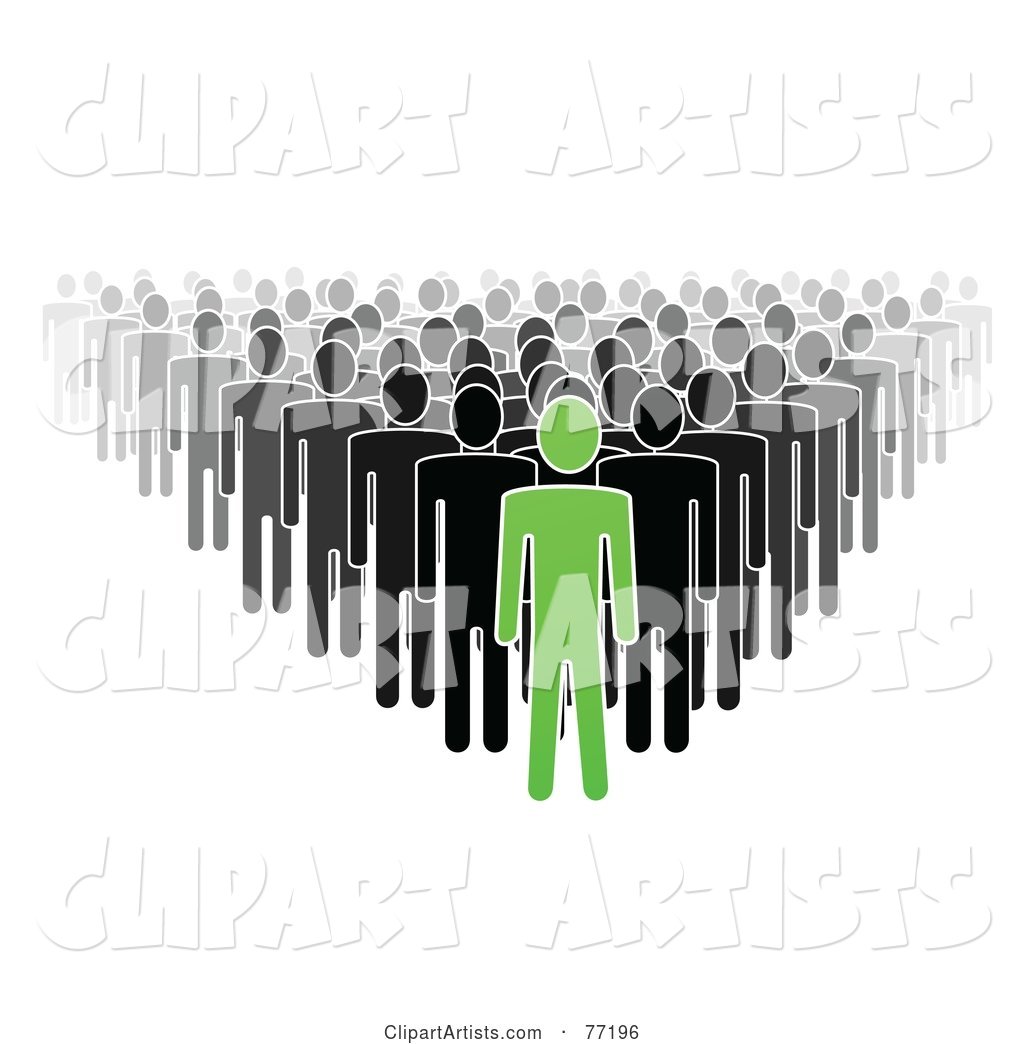 Crowd of Black and Gray Paper People Standing Behind a Green Leader