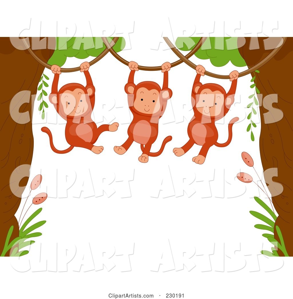 Cute Animal Border of Hanging Monkeys Around White Space