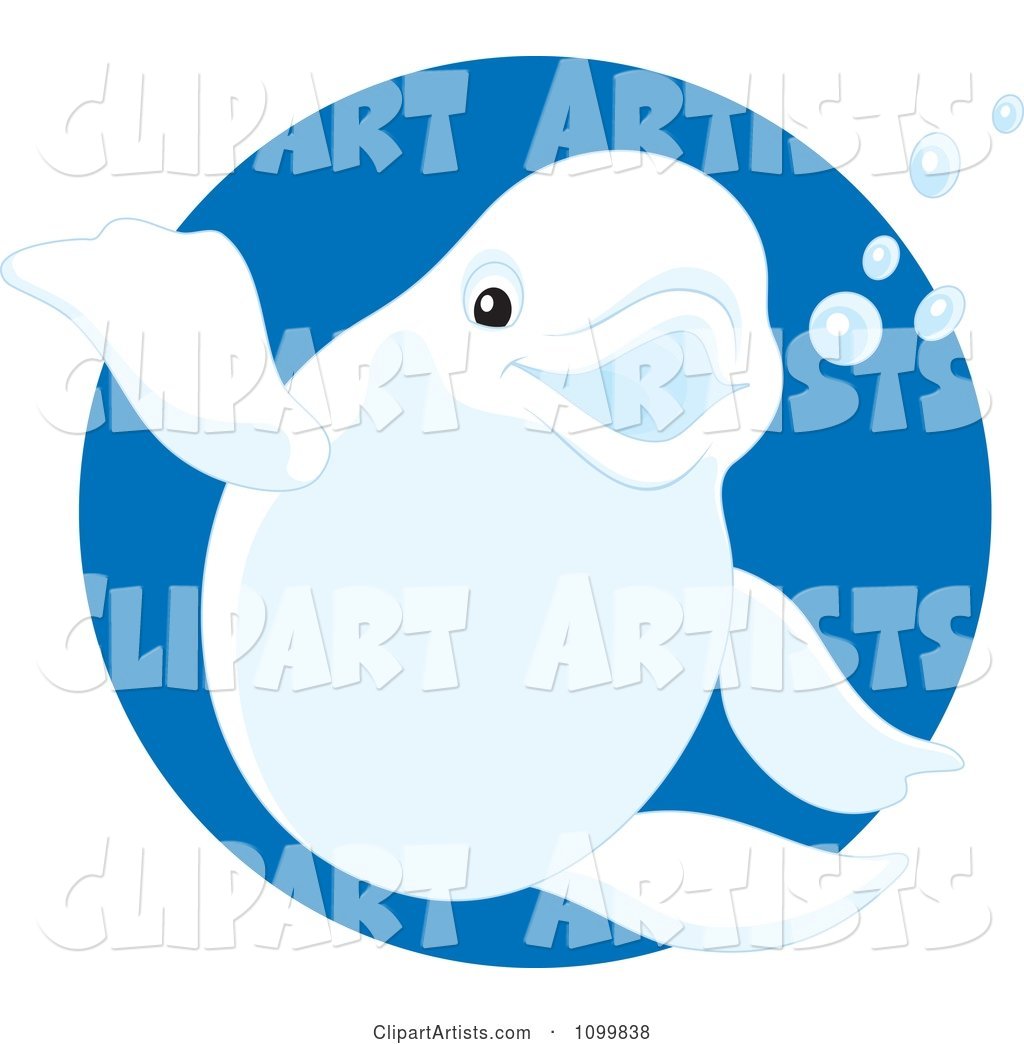 Cute Beluga Whale Waving and Smiling over a Blue Circle
