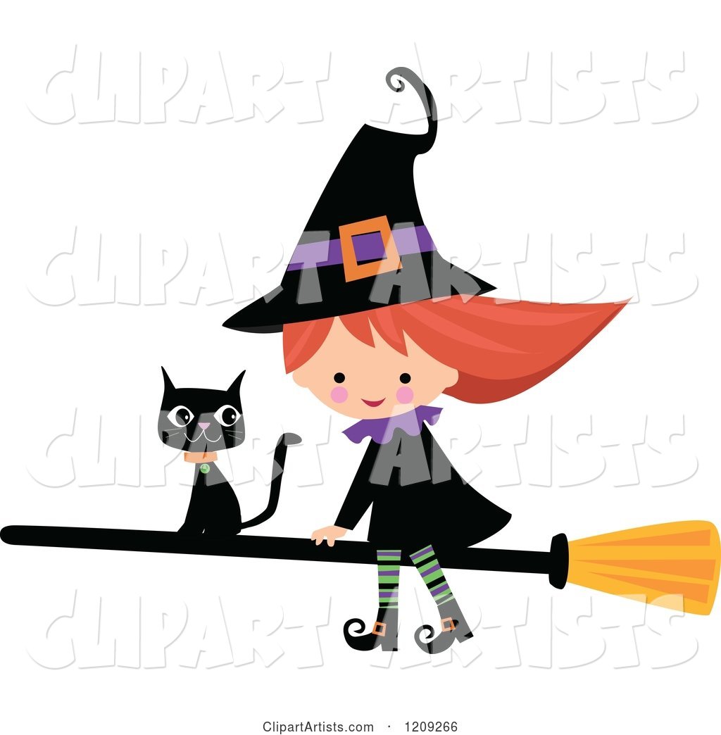 Cute Halloween Witch Riding a Broomstick with a Black Cat