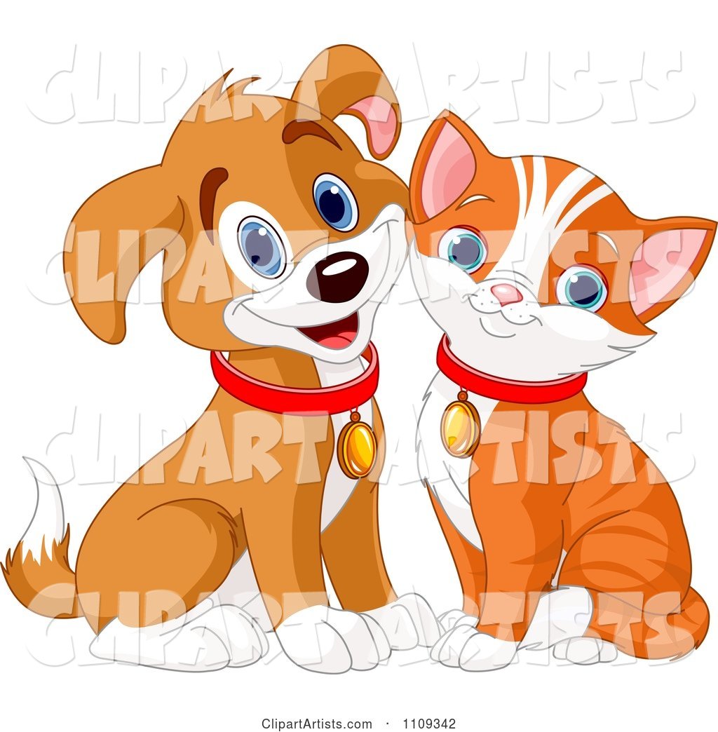 Cute Happy Orange Kitty and Beagle Puppy