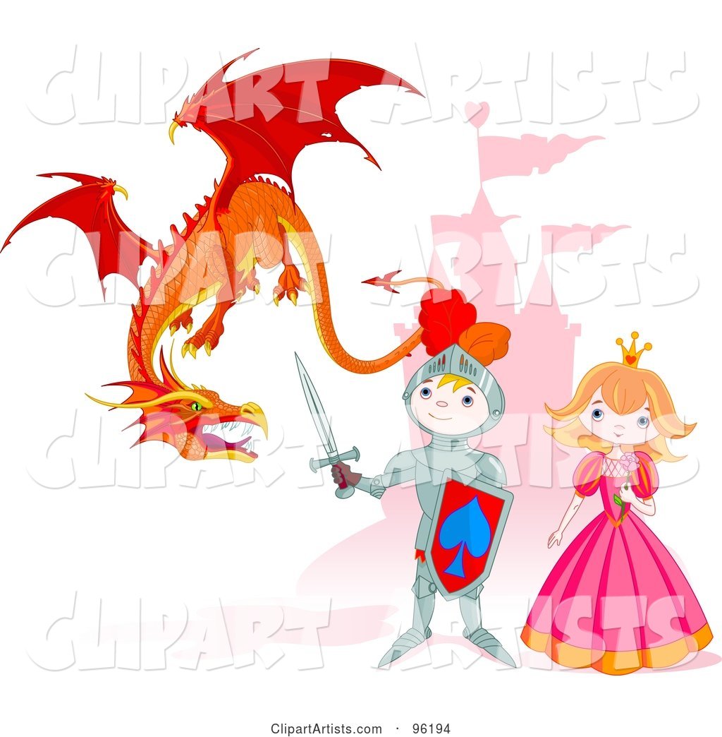 Cute Knight Protecting a Princess from a Mean Dragon near a Castle