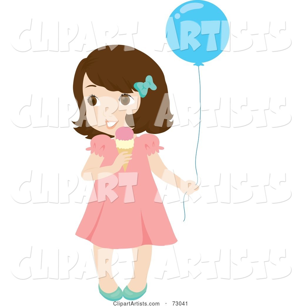 Cute Little Brunette Girl Holding a Balloon and Eating an Ice Cream Cone