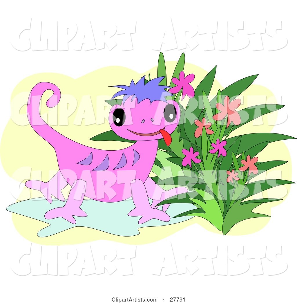 Cute Pink Gecko with Purple Stripes, Sticking Its Tongue out and Standing by Flowers
