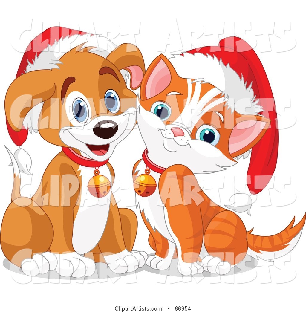 Cute Puppy and Kitten Wearing Santa Hats and Bells