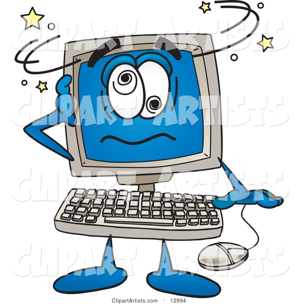 Desktop Computer Mascot Cartoon Character Confused and Seeing Stars