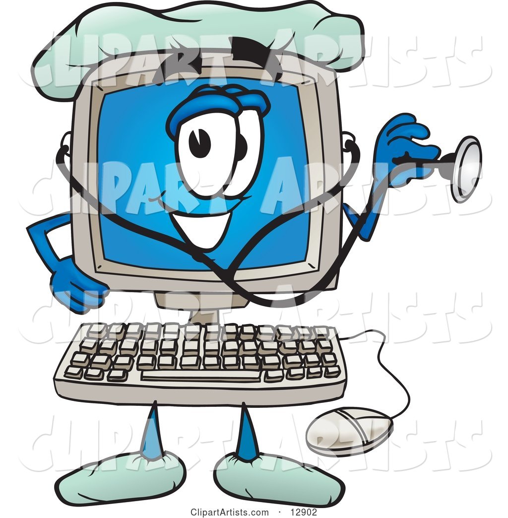 Desktop Computer Mascot Cartoon Character Doctor Holding a Stethoscope