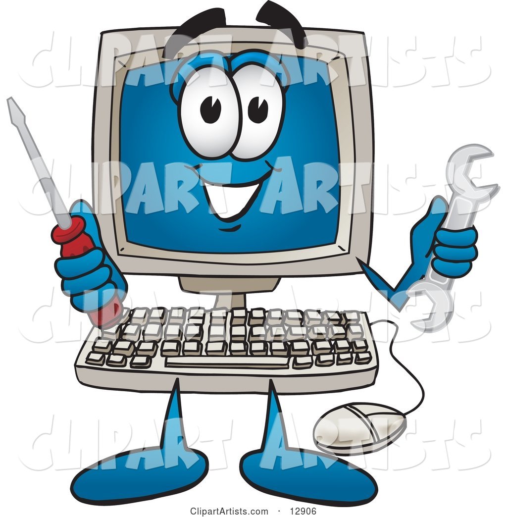 Desktop Computer Mascot Cartoon Character Holding a Wrench and Screwdriver