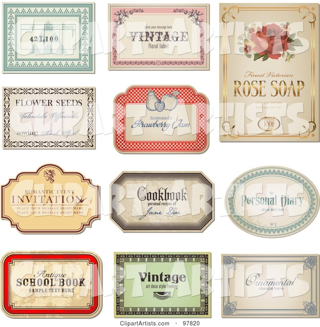 Digital Collage of 11 Vintage Label Designs in Different Shapes with Sample Text