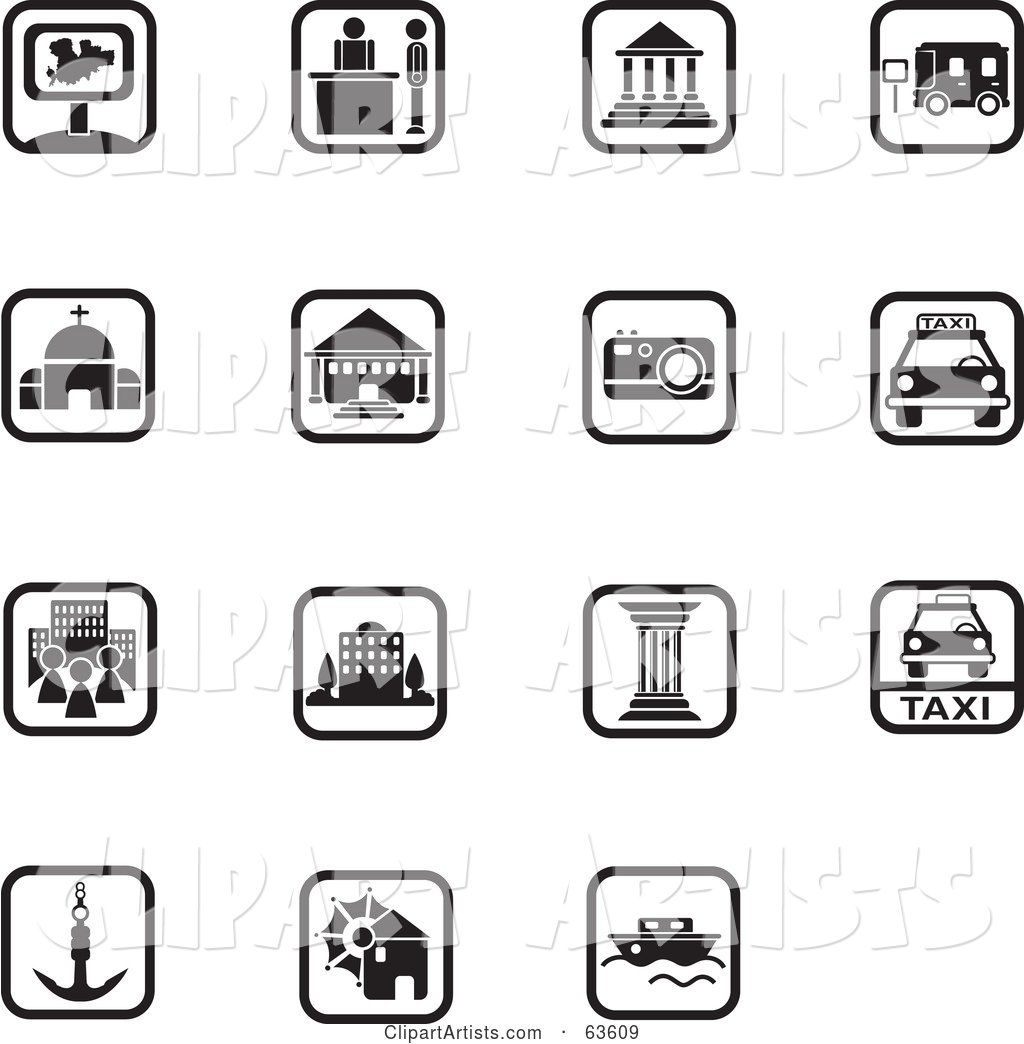 Digital Collage of 15 Black and White Square Icons; Transportation and Architecture