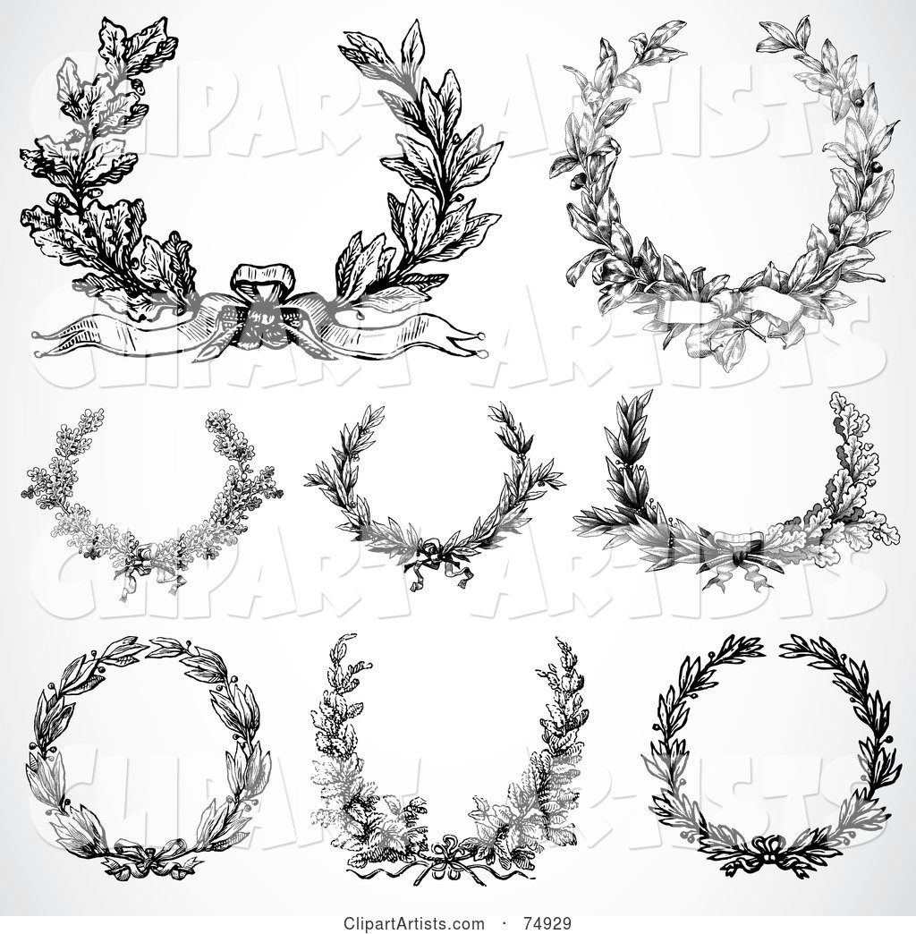 Digital Collage of 8 Black and White Laurel Wreaths