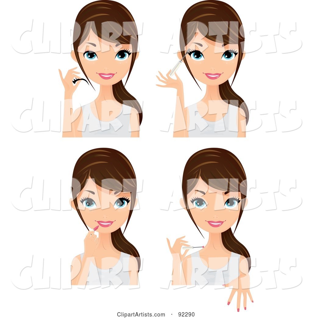 Digital Collage of a Brunette Caucasian Woman Applying False Lashes, Mascara, Lipstick and Nail Polish