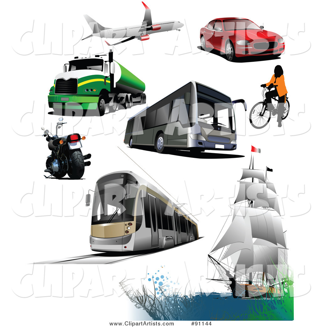 Digital Collage of a Plane, Big Rig, Motorcycle, Bus, Tram, Boat, Bicyclist and Car