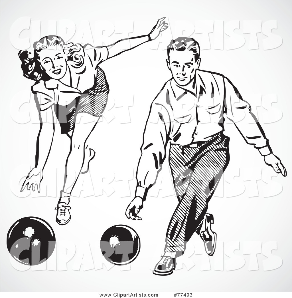 Digital Collage of a Retro Black and White Man and Woman Bowling