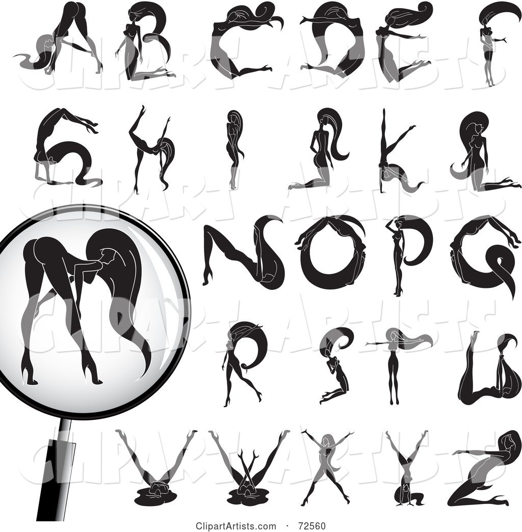 Digital Collage of a Sexy Nude Black and White Woman Forming Her Body into the Alphabet