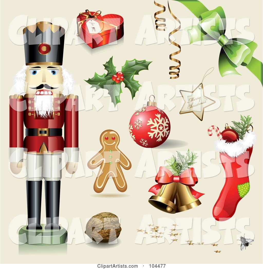 Digital Collage of a Toy Soldier, Gift Box, Holly, Ornament, Gingerbread Man, Walnut, Bells, Stocking, Bow and Merry Christmas Star
