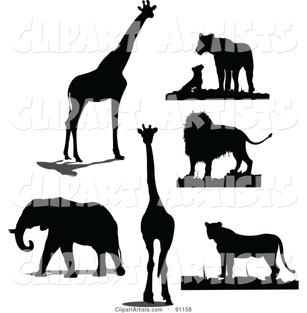 Digital Collage of Black Giraffe, Lion and Elephant Silhouettes