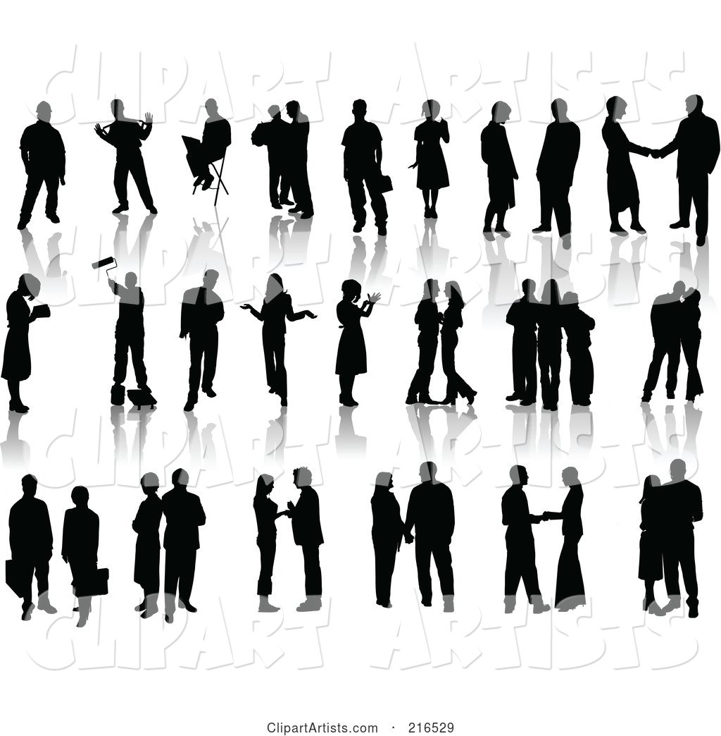 Digital Collage of Black Silhouetted People Standing, with Reflections